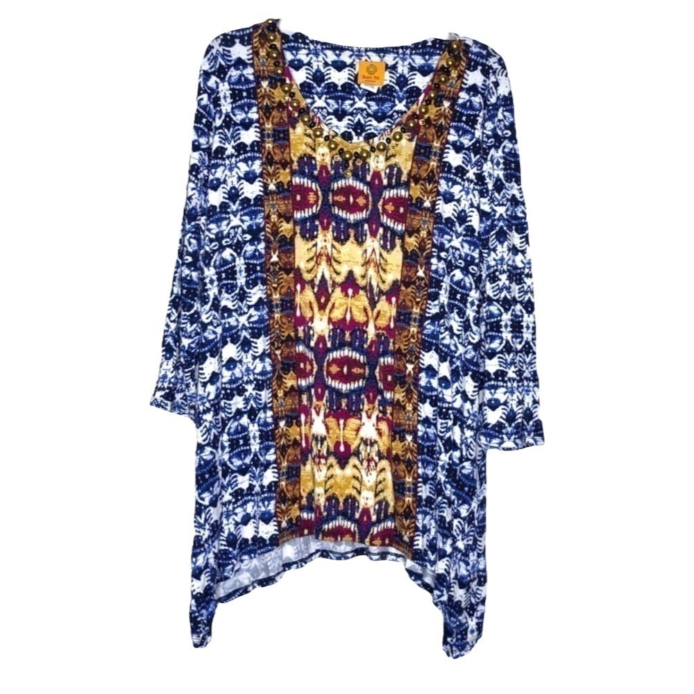 Ruby RD. Blue, White, Gold & Magenta Tribal Print Shark-Bite Top Beaded Size 1X